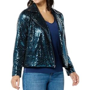 Colleen Lopez Women's Luxe Sequin Moto Zip Jacket Plus Size 1X Teal Blue NWT